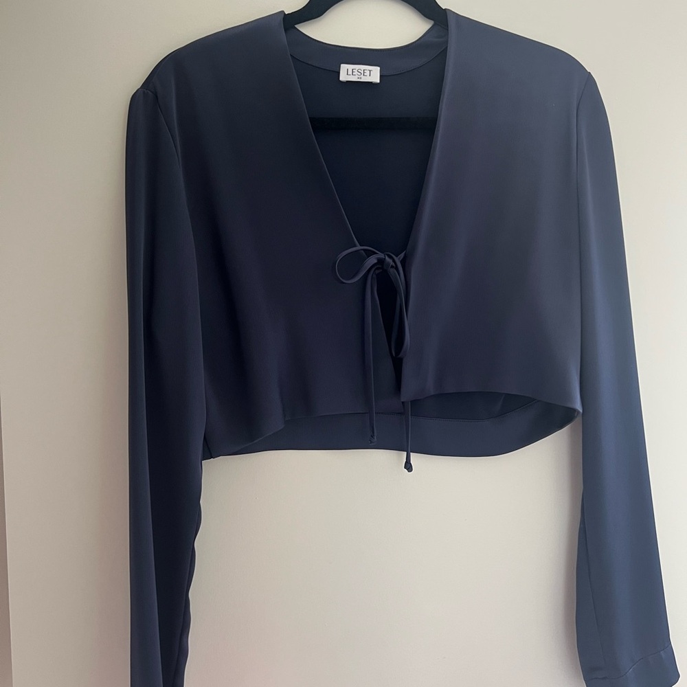 LESET Navy Crop Tie-Front Blouse
